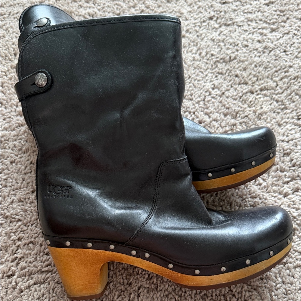 UGG Black Leather Mid-Calf Clog-Style Heeled Boots